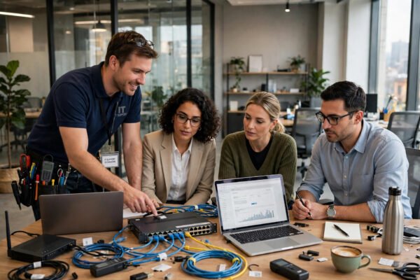 An IT support technician helping a business team with laptops and network equipment in a modern office.