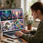 A person typing a text prompt into an AI image generator while colourful AI-generated artwork appears on screen.