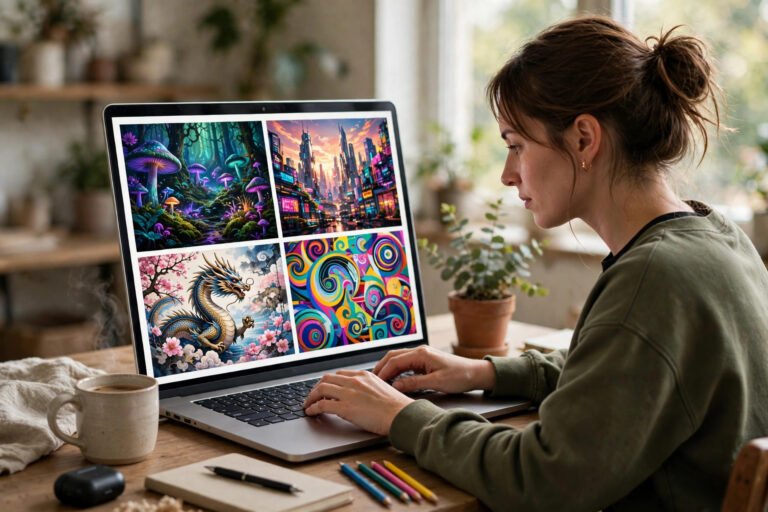 A person typing a text prompt into an AI image generator while colourful AI-generated artwork appears on screen.