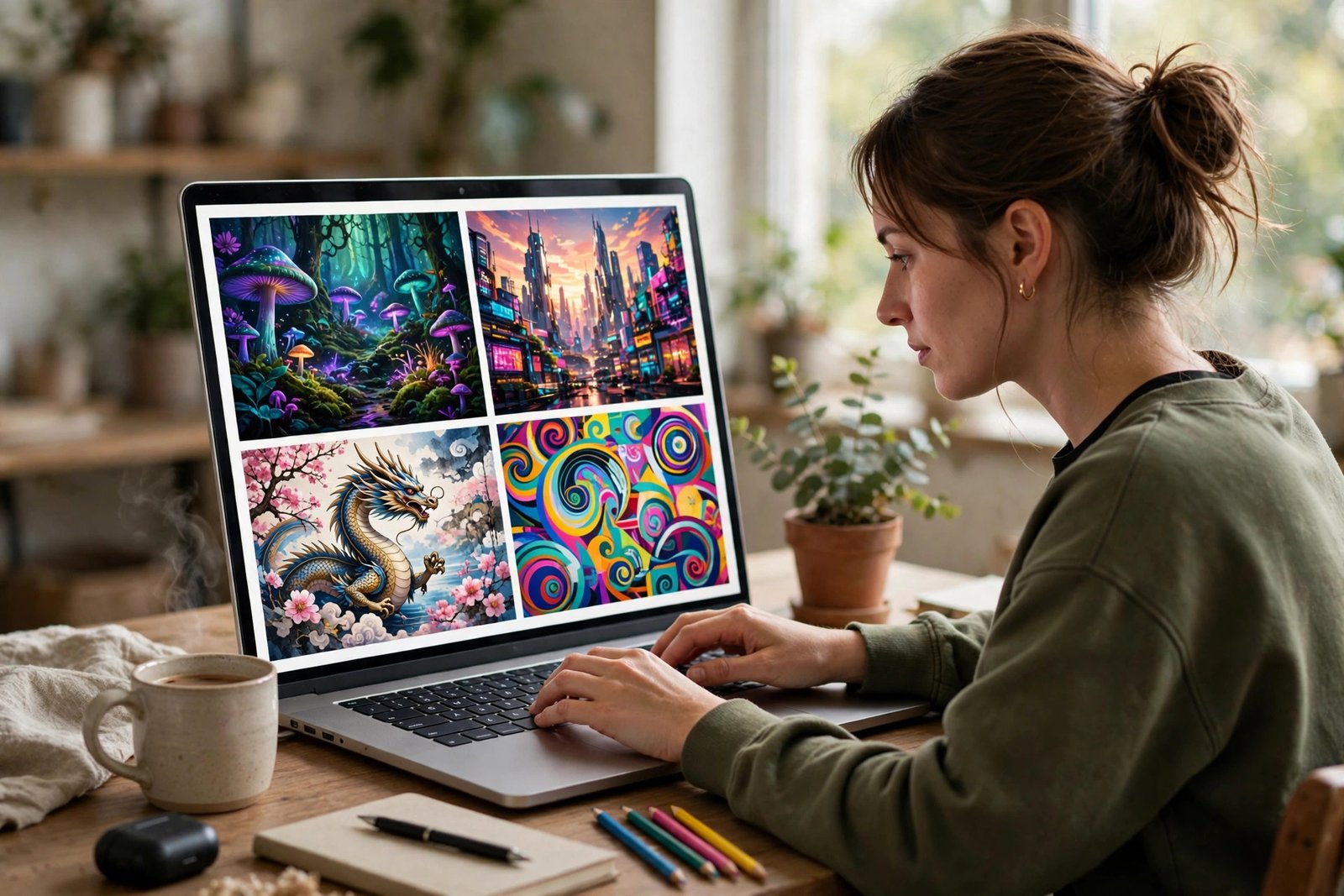 A person typing a text prompt into an AI image generator while colourful AI-generated artwork appears on screen.