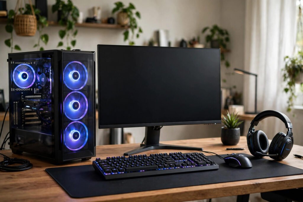 A complete gaming PC bundle with a desktop tower, monitor, keyboard, mouse and headset on a desk.