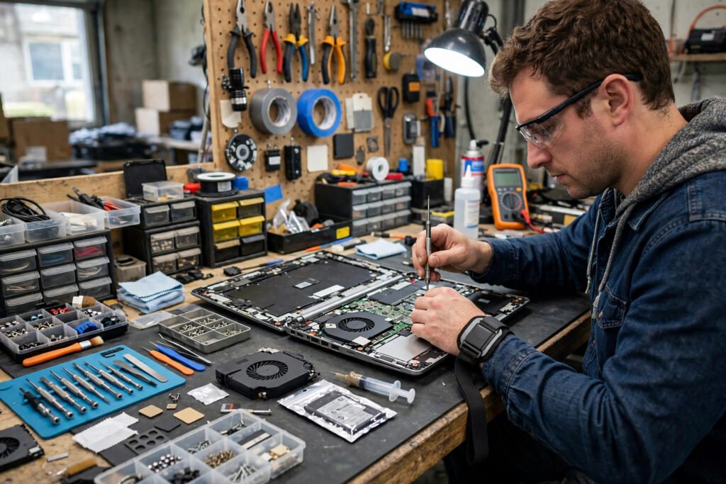 A technician repairing a laptop on a workbench with tools and replacement parts nearby.