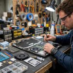 A technician repairing a laptop on a workbench with tools and replacement parts nearby.