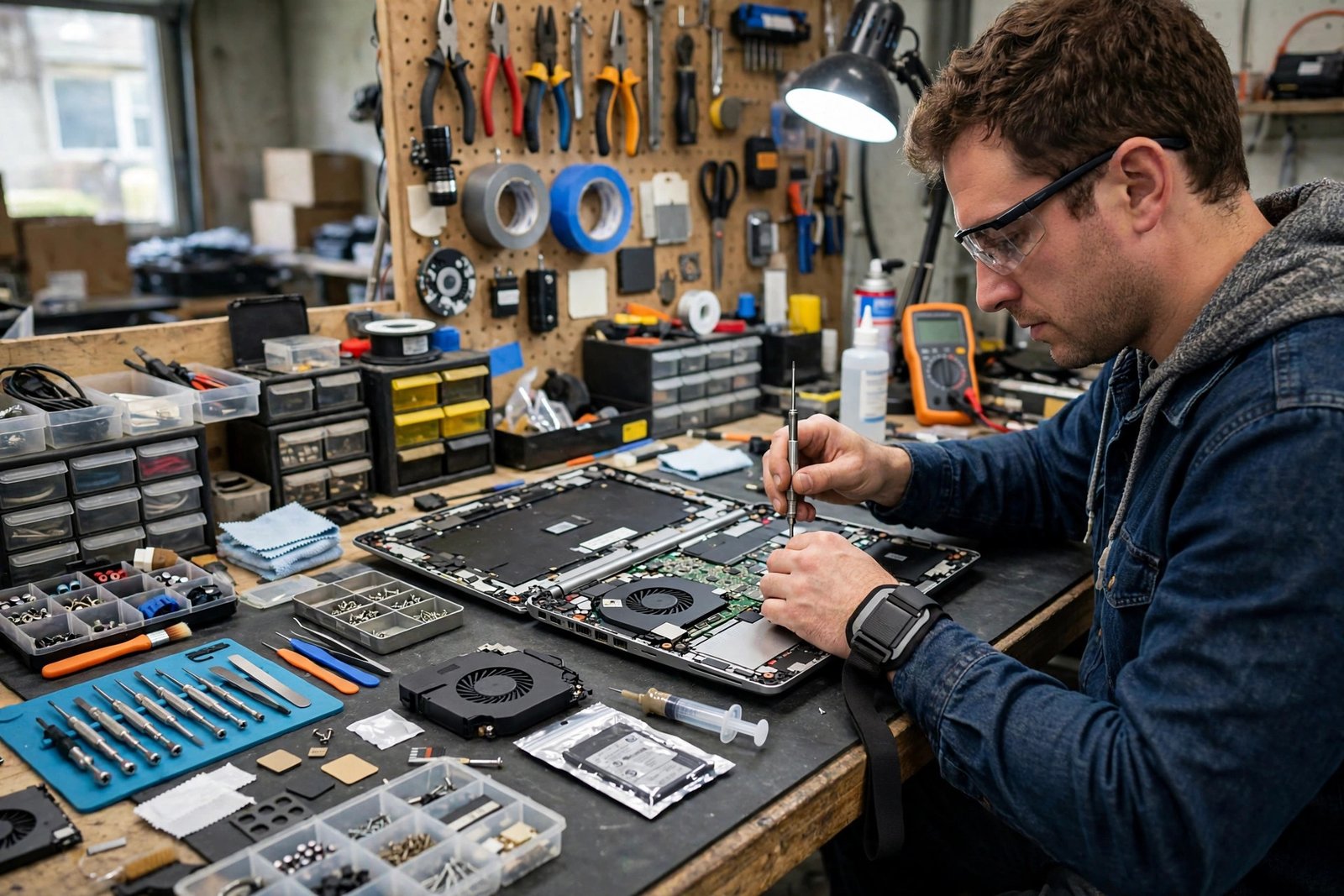 A technician repairing a laptop on a workbench with tools and replacement parts nearby.