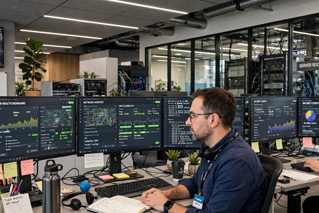 IT support team monitoring computer systems in a modern office