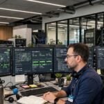 IT support team monitoring computer systems in a modern office